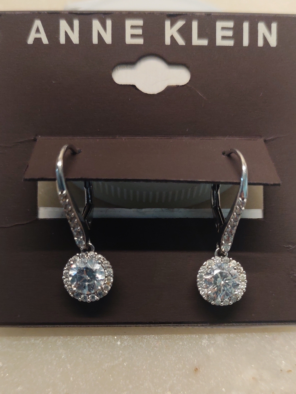NEW! Crystal Halo Silver Dangle Earrings, Lever back by Anne Klein